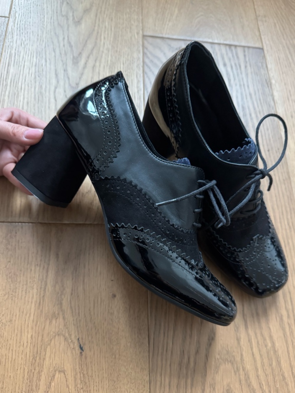 Girotti Patent, Leather & Suede Lace-Up Block Heels - Size 40 - NWOT - Black
